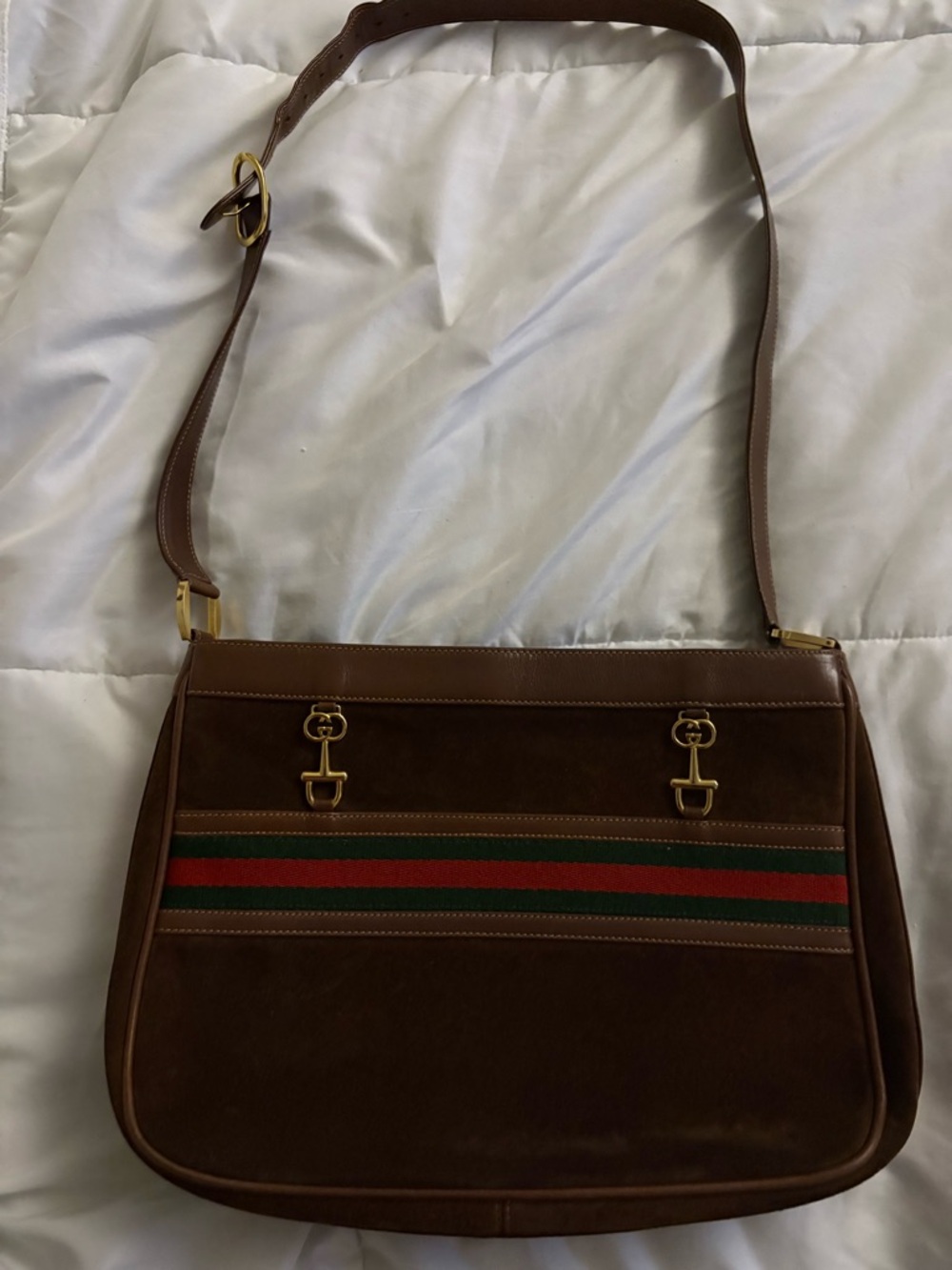 Gucci Brown Suede Crossbody with Green and Red Web